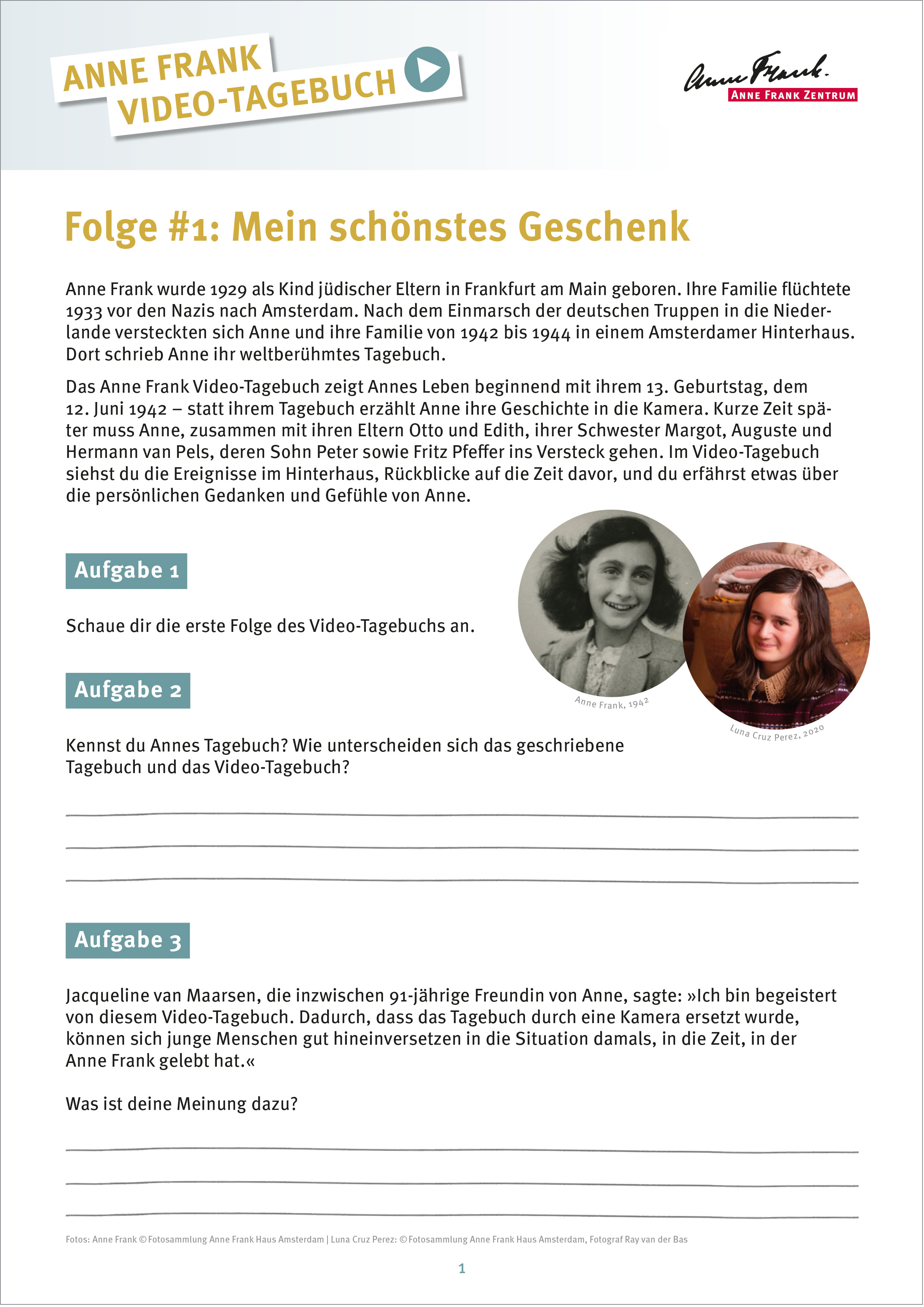 Anne Frank Zentrum, Arbeitsblatt zum Video-Tagebuch